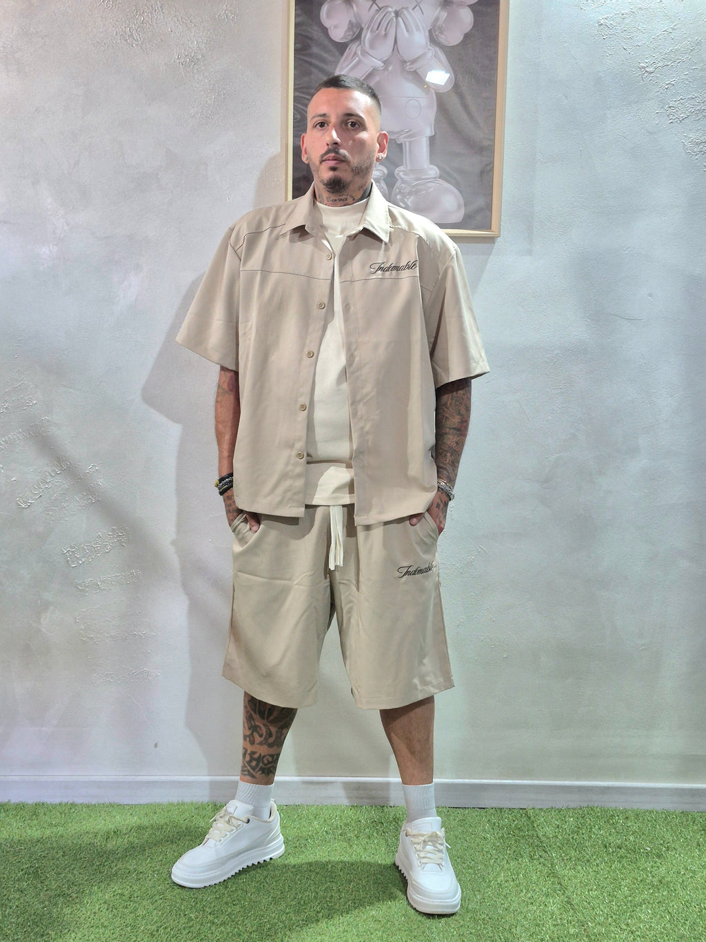 Coordinato Oversize Camicia + Shorts Ricamo Indomable- Beige / Ricamo Marrone
