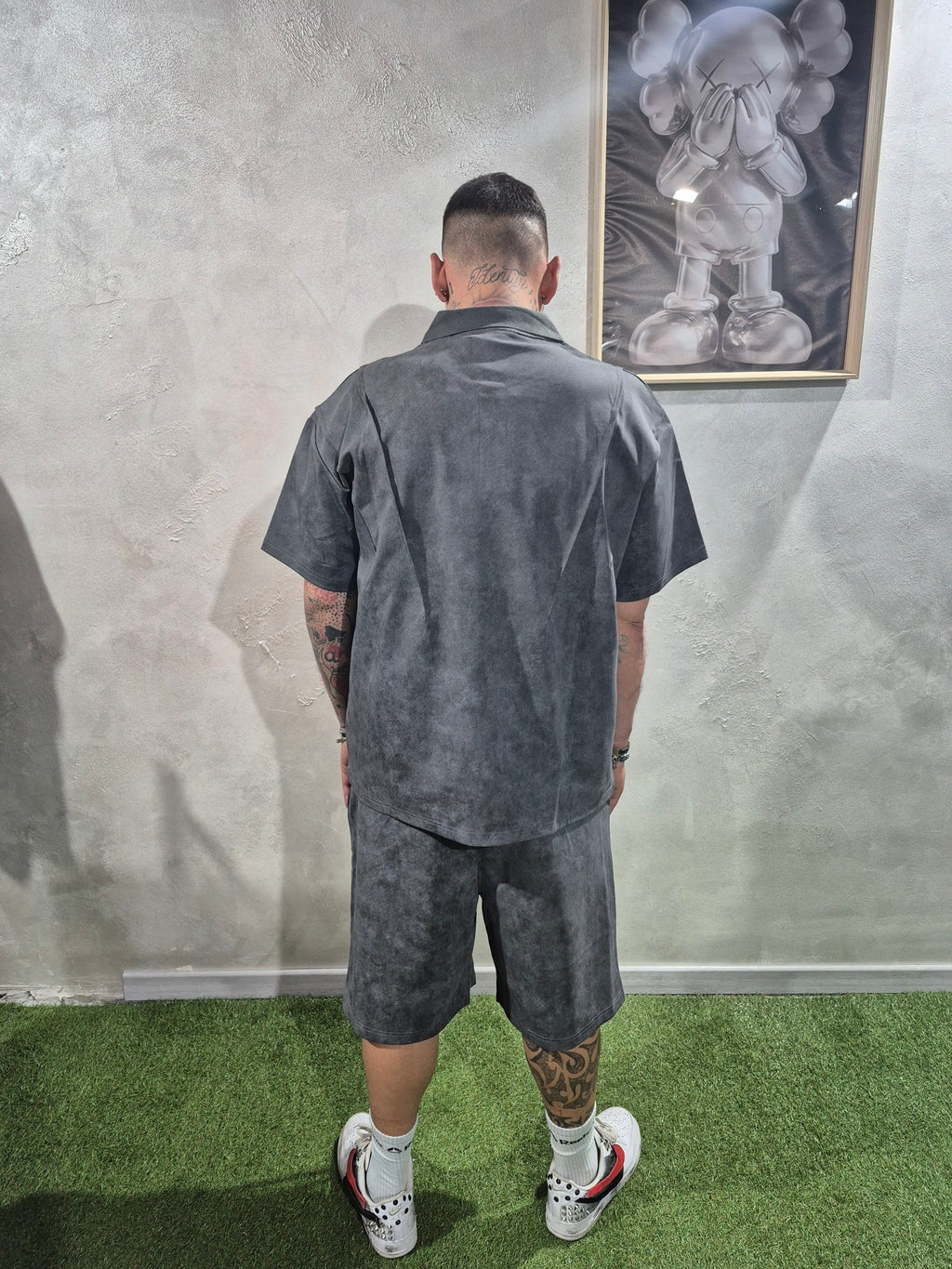 Completo Oversize Polo Washed T-Shirt + Shorts – Bianco / Nero / Piombo