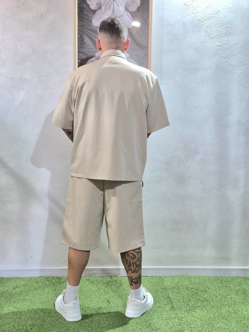 Coordinato Oversize Camicia + Shorts Ricamo Indomable- Beige / Ricamo Nero