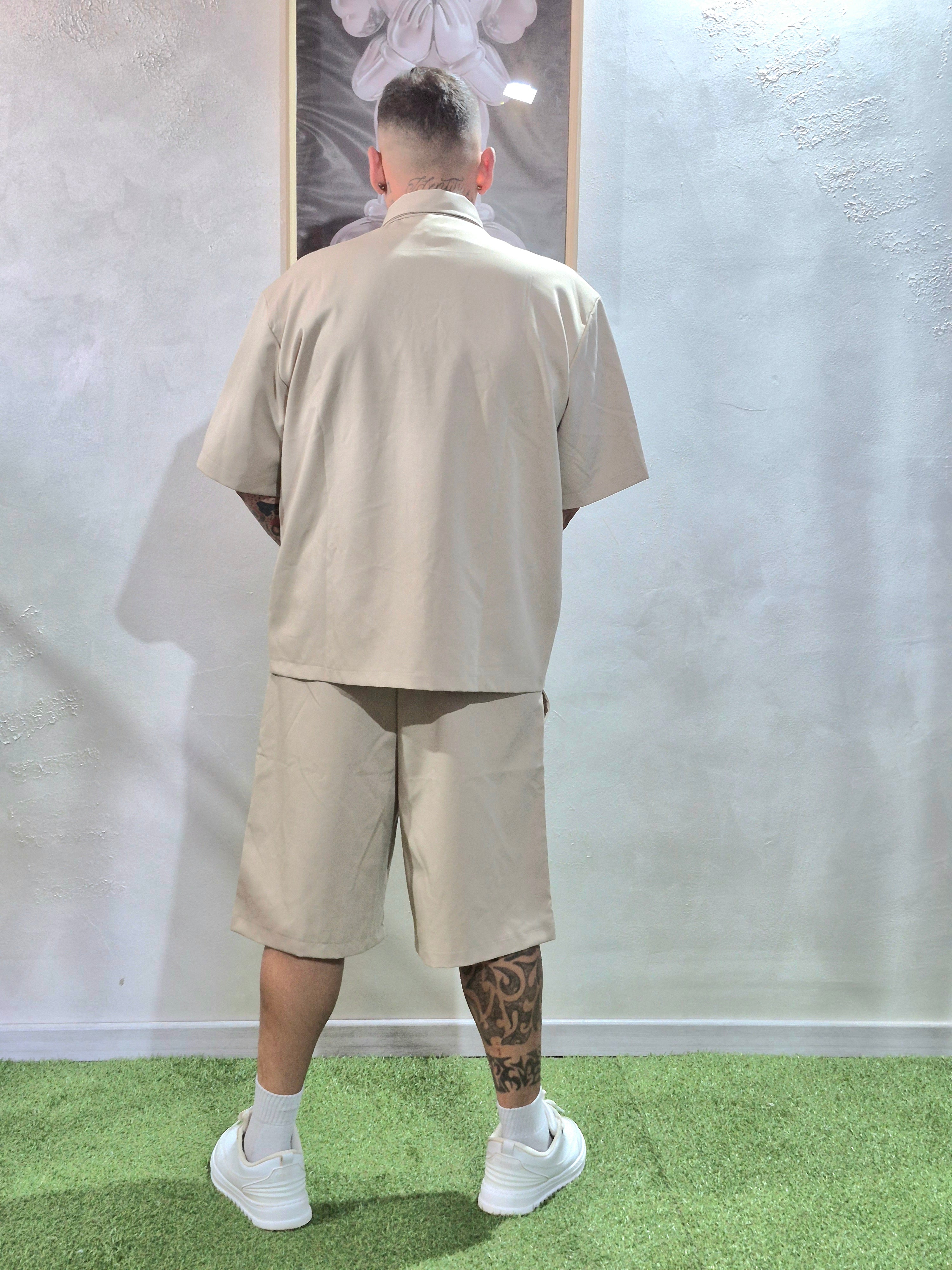 Coordinato Oversize Camicia + Shorts Ricamo Indomable- Beige / Ricamo Nero