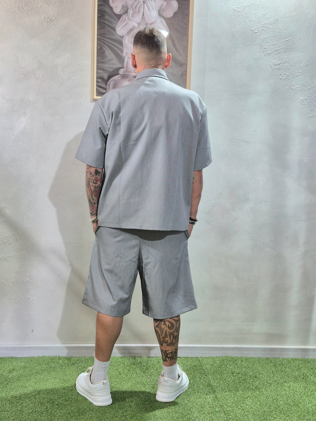 Coordinato Oversize Camicia + Shorts Ricamo Indomable- Grigio / Ricamo Blu Elettrico