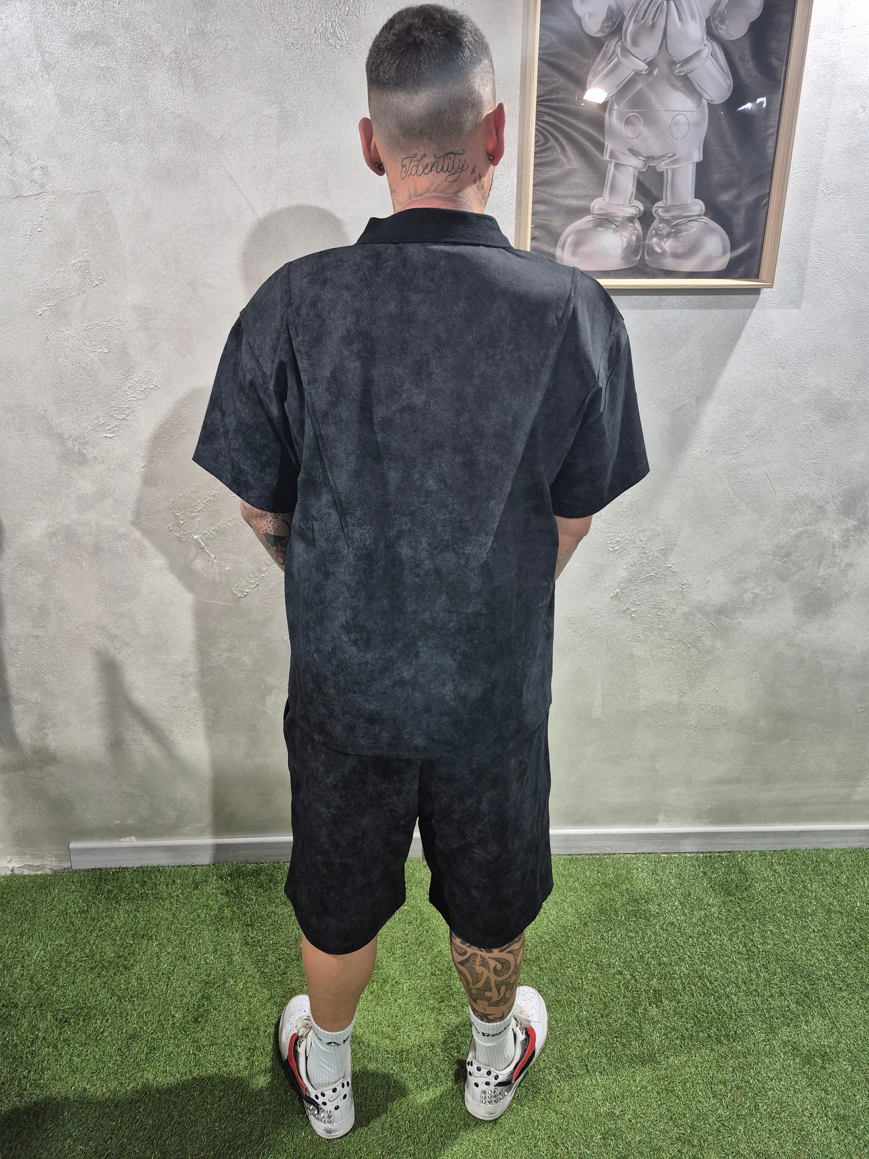 Completo Oversize Polo Washed T-Shirt + Shorts – Bianco / Nero / Piombo