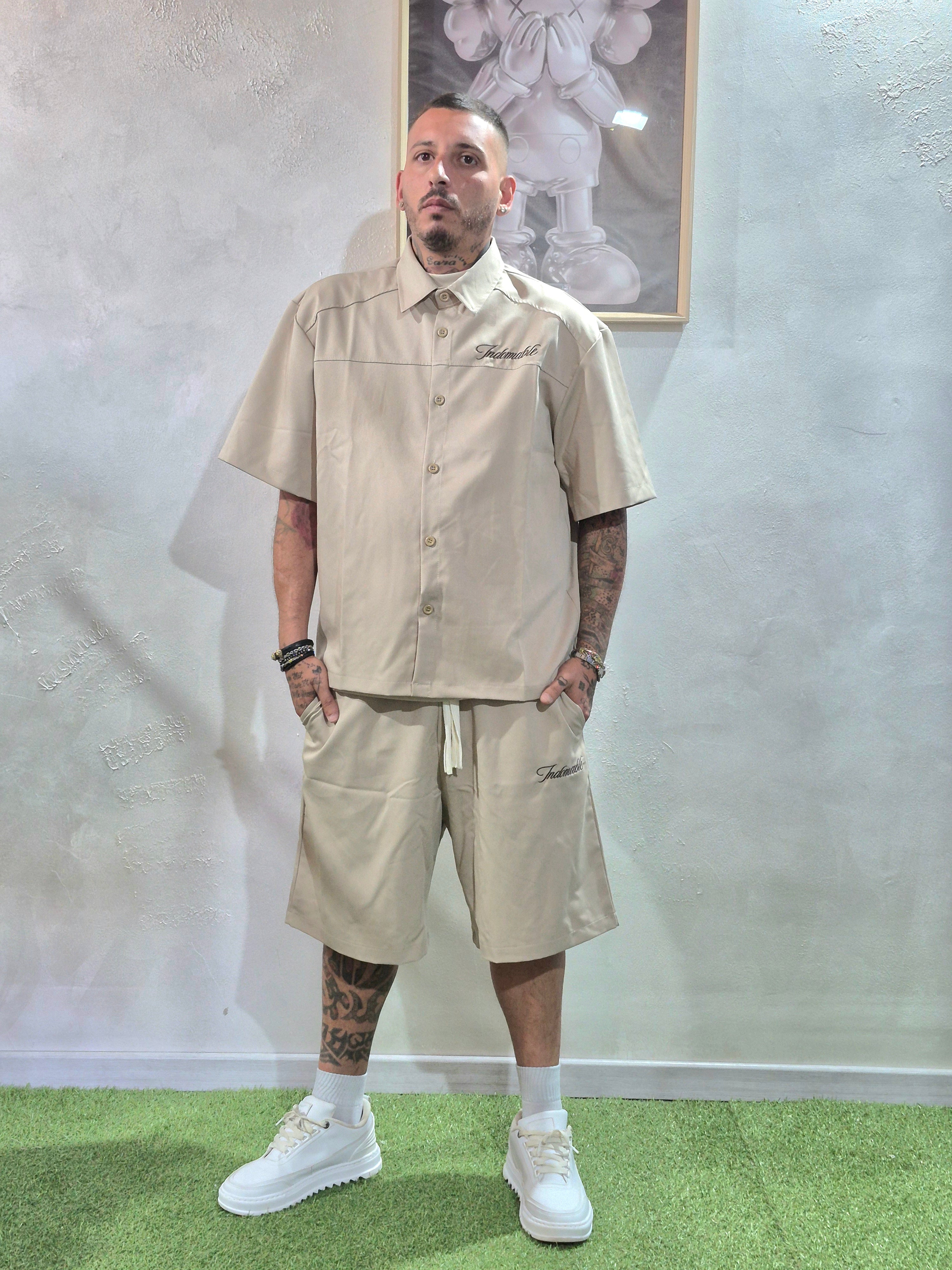 Coordinato Oversize Camicia + Shorts Ricamo Indomable- Beige / Ricamo Marrone