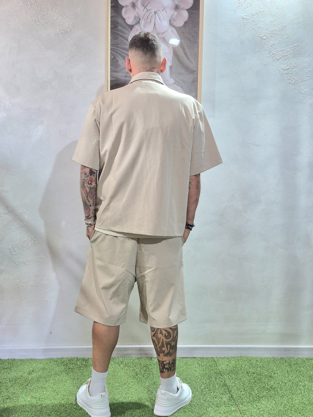 Coordinato Oversize Camicia + Shorts Ricamo Indomable- Beige / Ricamo Marrone