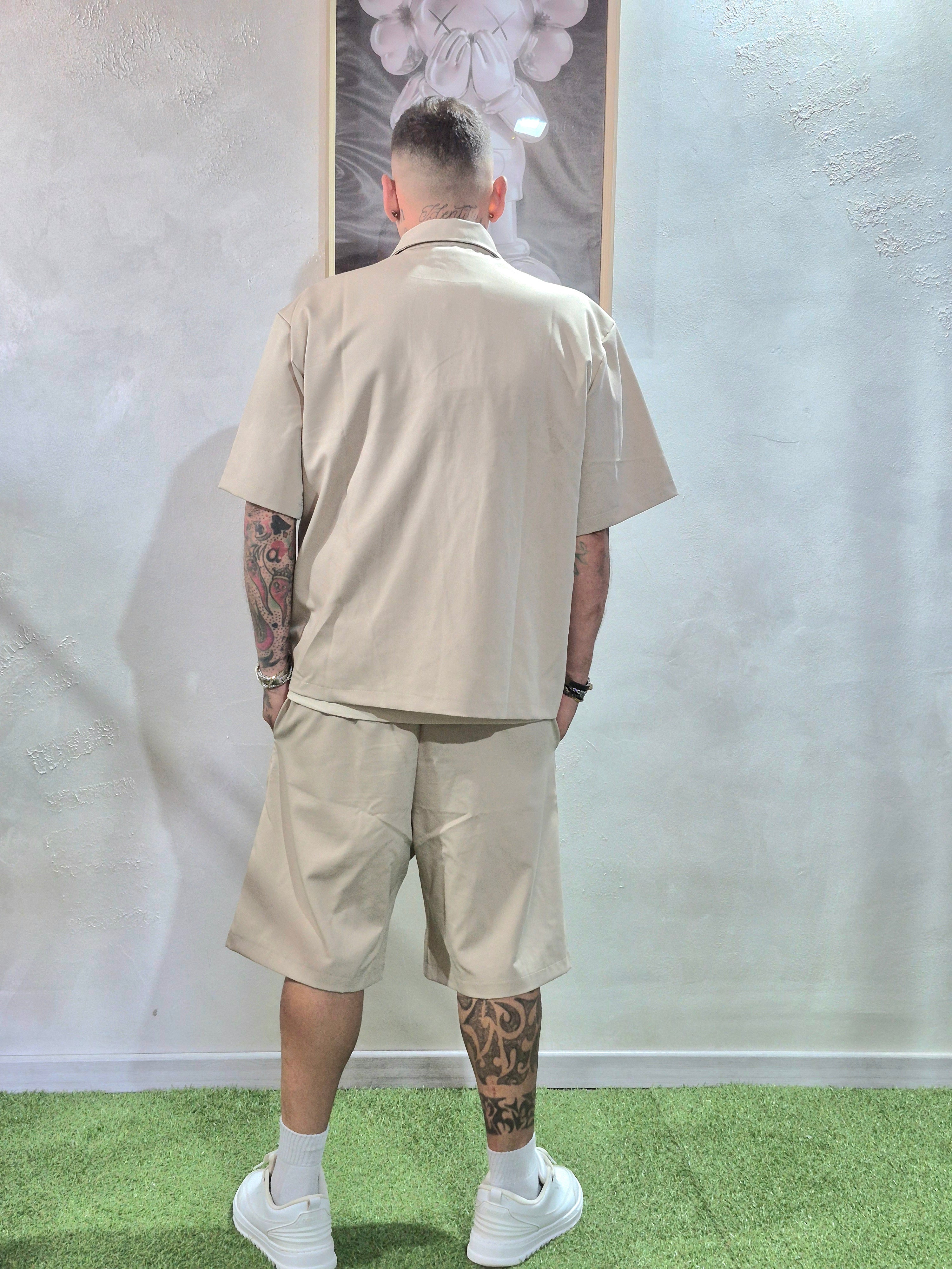 Coordinato Oversize Camicia + Shorts Ricamo Indomable- Beige / Ricamo Marrone
