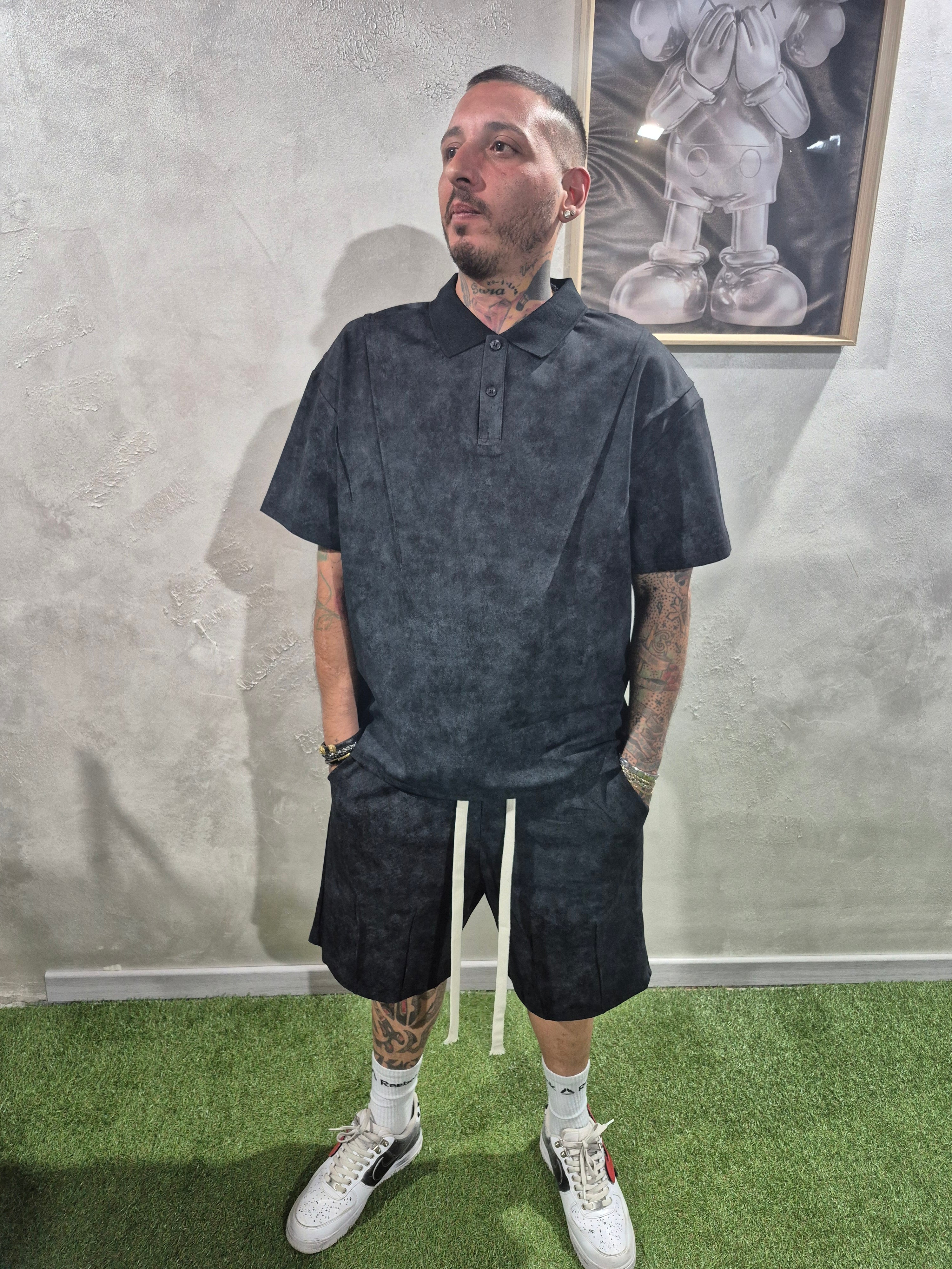Completo Oversize Polo Washed T-Shirt + Shorts – Bianco / Nero / Piombo