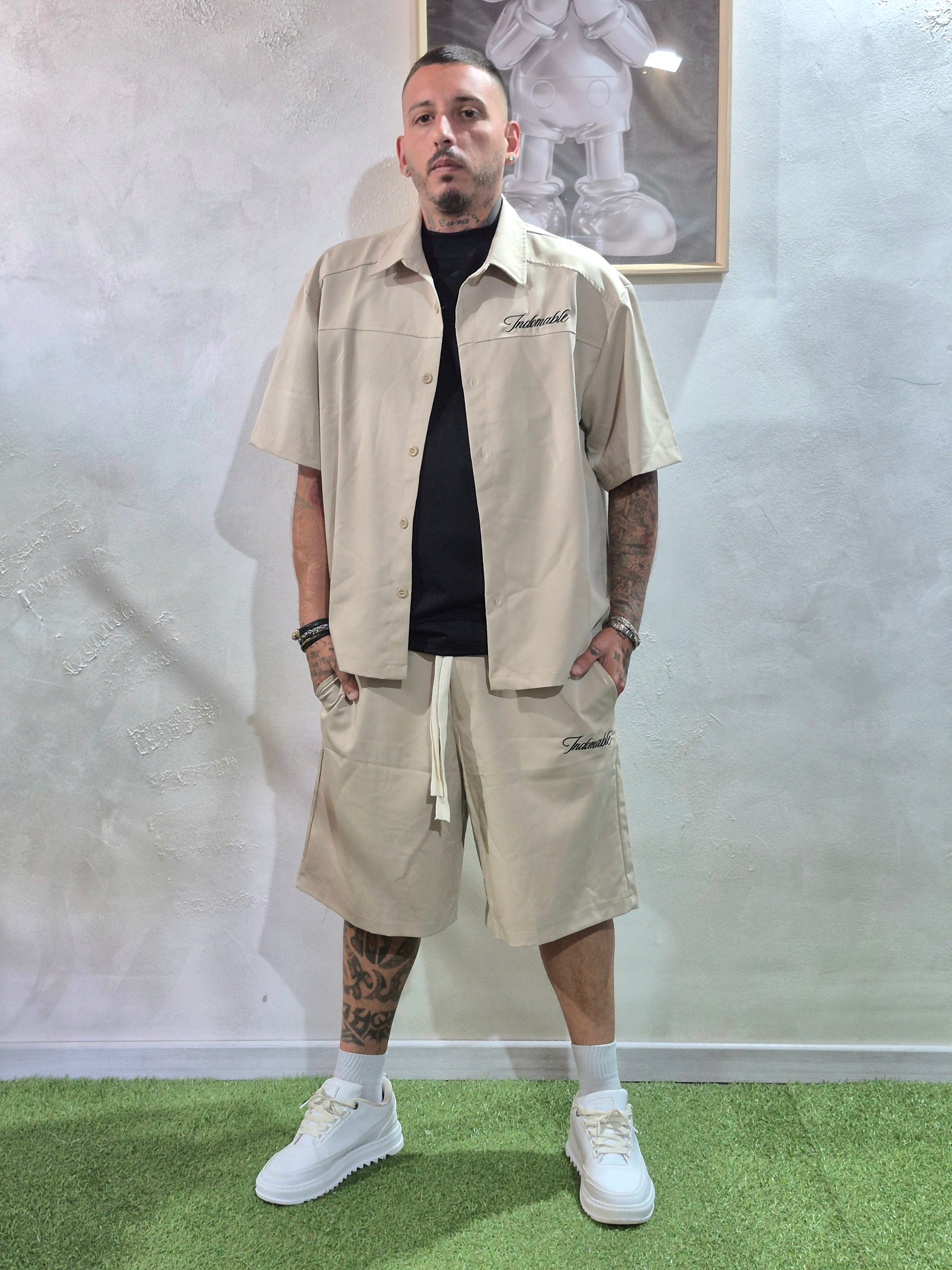 Coordinato Oversize Camicia + Shorts Ricamo Indomable- Beige / Ricamo Nero