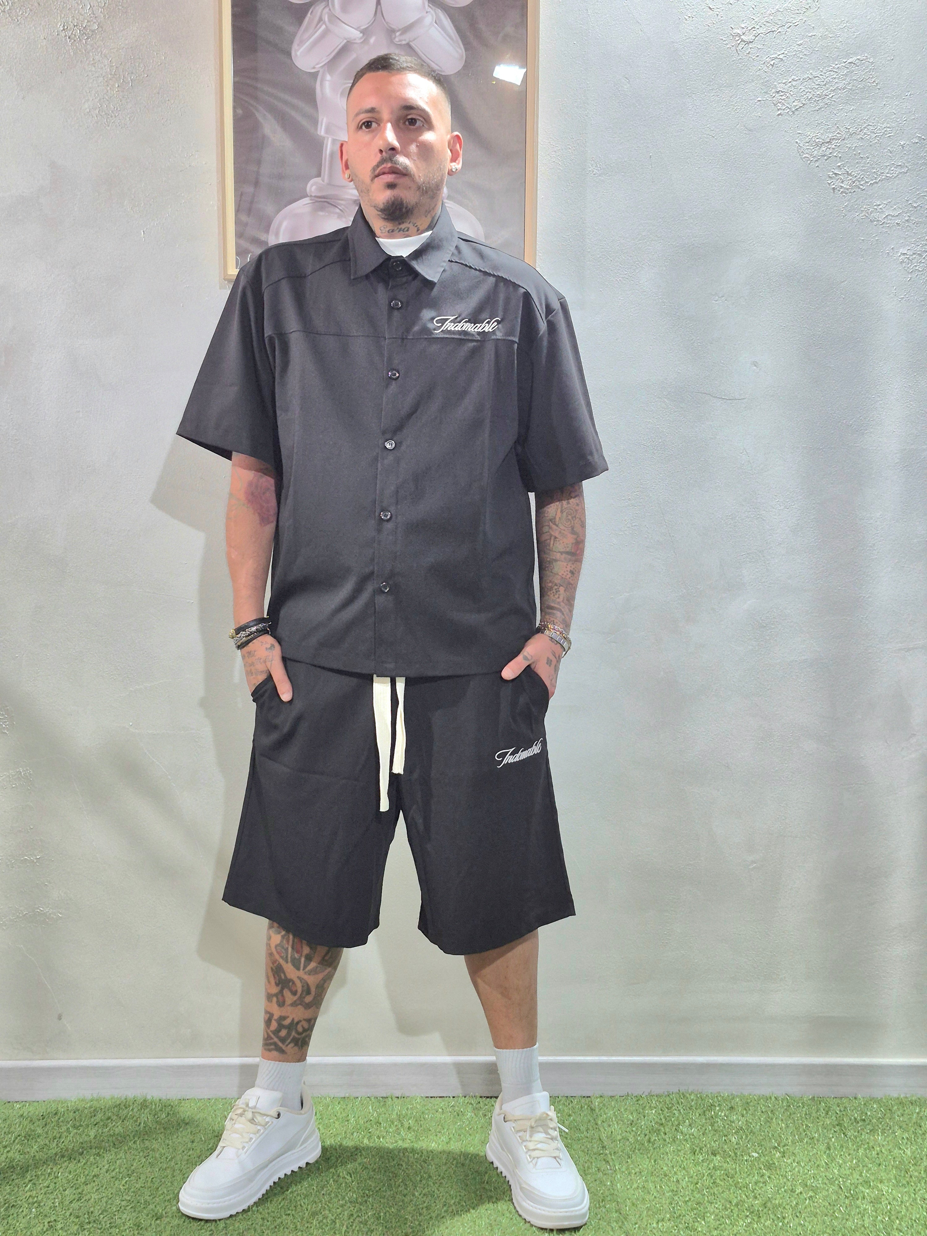 Coordinato Oversize Camicia + Shorts Ricamo Indomable- Nero / Ricamo Glow Bianco/Fosforescente ✨