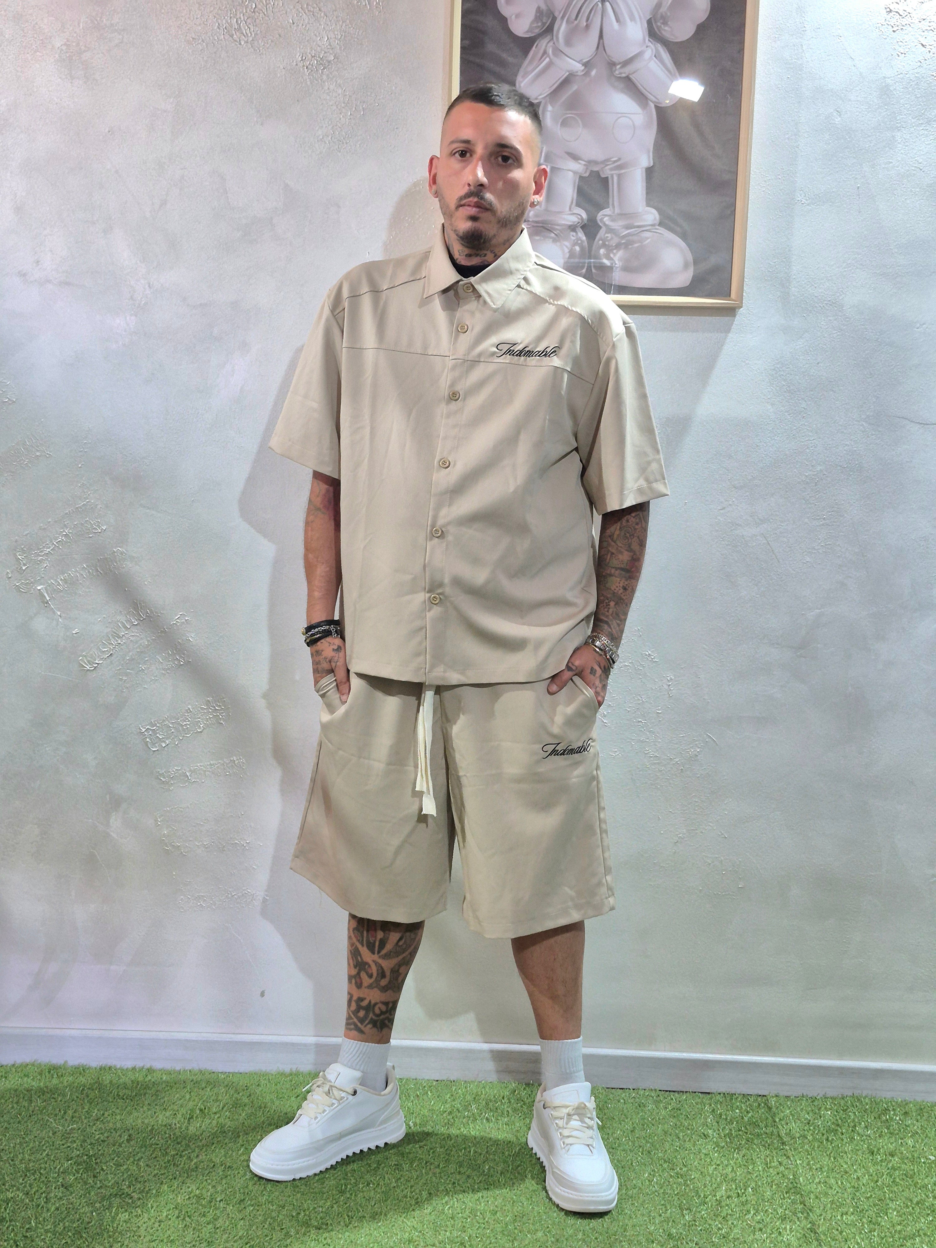Coordinato Oversize Camicia + Shorts Ricamo Indomable- Beige / Ricamo Nero